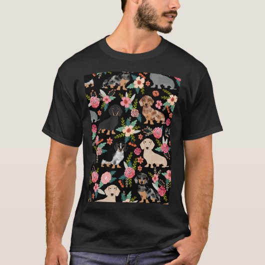 Dackel Hunde Kunst mit Blume T-Shirt (Vorderseite)