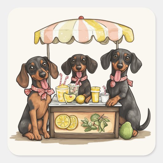 Dackel Hunde Lemonade Stand Quadratischer Aufkleber (Vorderseite)