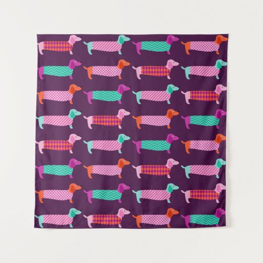 Dackel Hunde: Nahtloses Niedliches Muster. Wandteppich (Vorderseite)