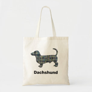 Dackel Hunde Silhouette Gelb & Blau Gitter Linien Tragetasche