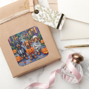 Dackel Hunde Trick-or-Treating zu Halloween Quadratischer Aufkleber