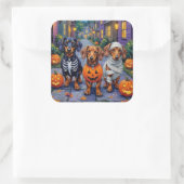 Dackel Hunde Trick-or-Treating zu Halloween Quadratischer Aufkleber (Tasche)