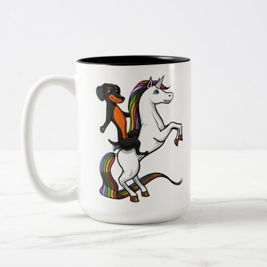Dackel-HundeDackel, die magischen Unicorn reitet Zweifarbige Tasse (Links)