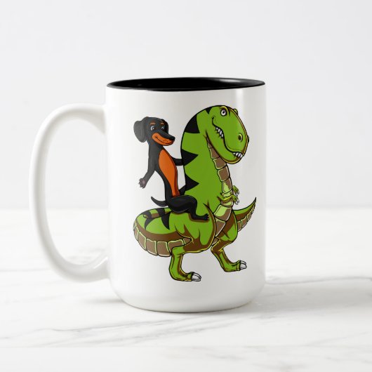 Dackel-HundeDackel, die T-Rex Dinosaurier reitet Zweifarbige Tasse (Links)