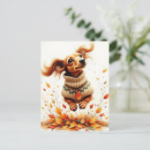 Dackel im Herbstlaub Postkarte (Stehend Vorderseite)