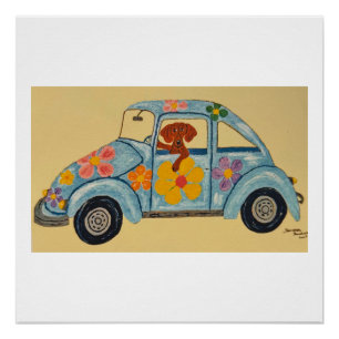 Dackel im Hippie-Auto Poster
