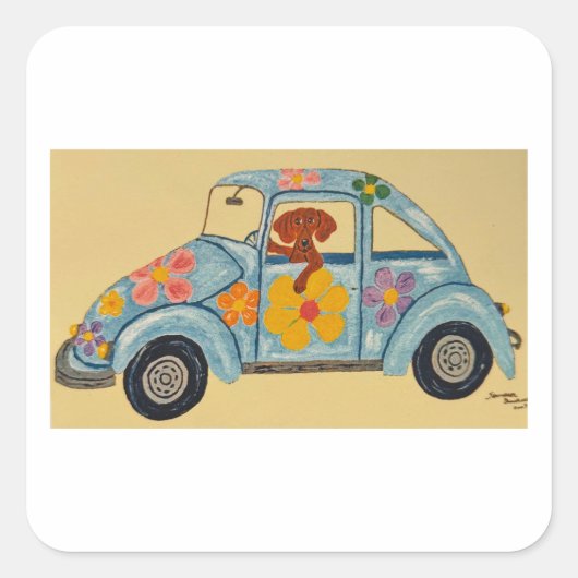 Dackel im Hippie-Auto Quadratischer Aufkleber (Vorderseite)