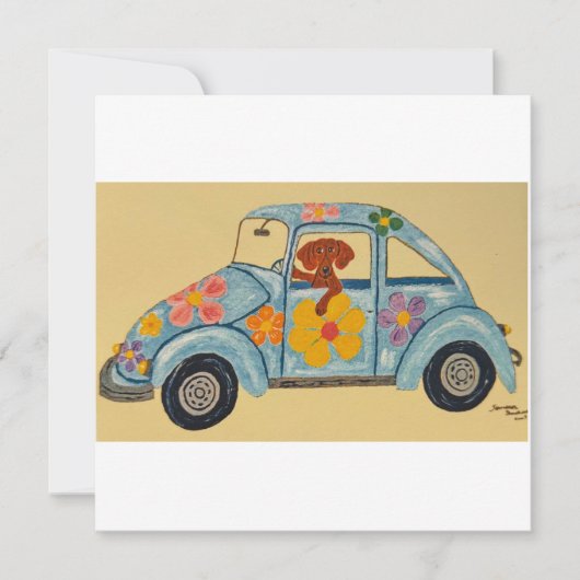 Dackel im Hippieauto Einladung (Vorderseite)