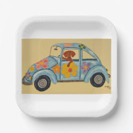 Dackel im Hippieauto Pappteller