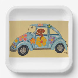 Dackel im Hippieauto Pappteller