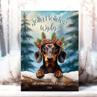 Dackel im Portrait "Snowy Enchanted Forest Pet" Feiertagskarte