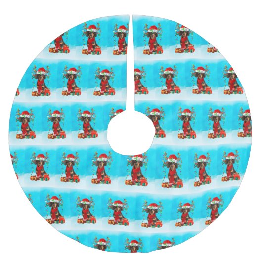 Dackel im Schnee mit Weihnachtsgeschenken Polyester Weihnachtsbaumdecke (Vorderseite)