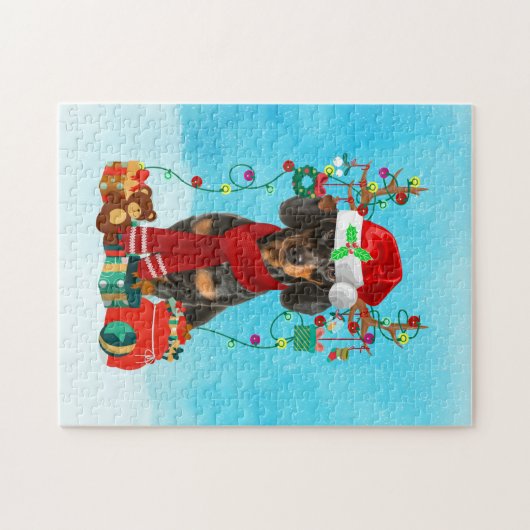 Dackel im Schnee mit Weihnachtsgeschenken Puzzle (Horizontal)