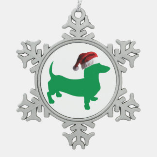 Dackel in Grün mit einem Weihnachtshut Schneeflocken Zinn-Ornament