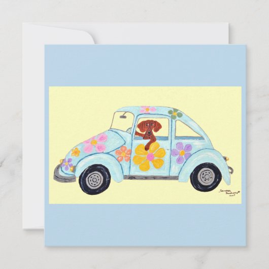 Dackel in Hippie-Auto (Vorderseite)