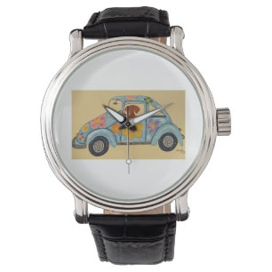Dackel in Hippie-Auto Armbanduhr