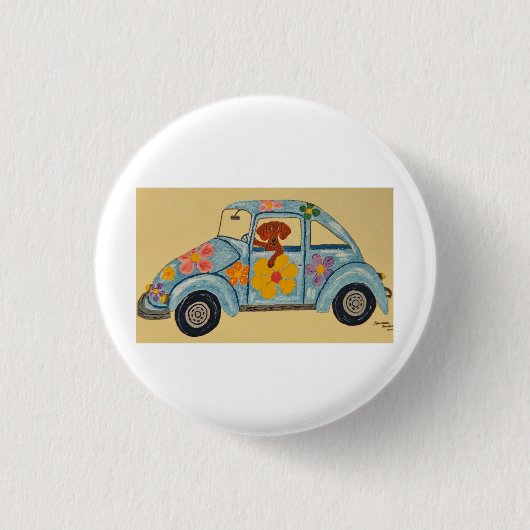 Dackel in Hippie-Auto Button (Vorderseite)