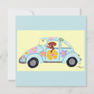 Dackel in Hippie-Auto  Einladung