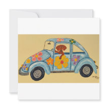 Dackel in Hippie-Auto