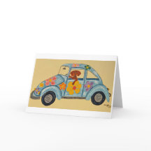 Dackel in Hippie-Auto
