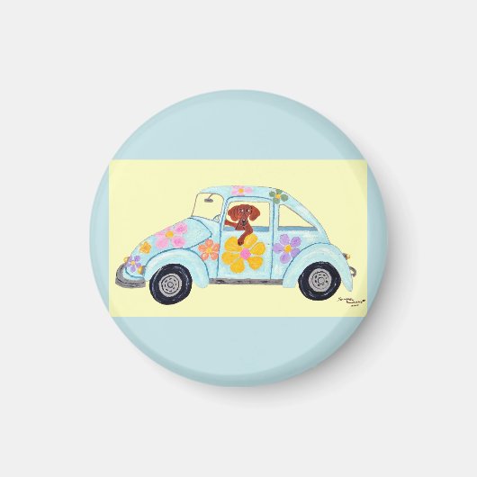 Dackel in Hippie-Auto Magnet (Vorne)