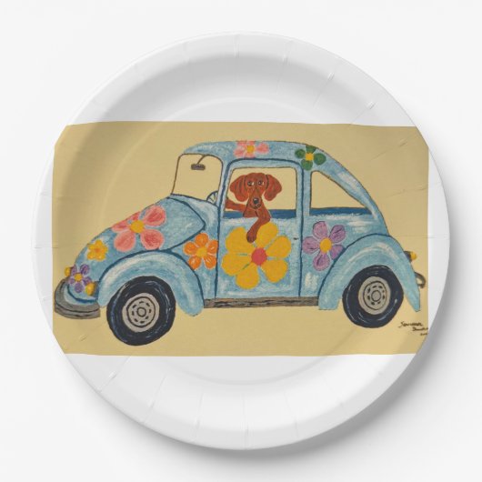 Dackel in Hippie-Auto Pappteller (Vorderseite)
