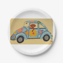 Dackel in Hippie-Auto Pappteller