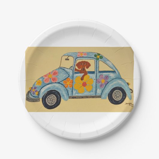 Dackel in Hippie-Auto Pappteller (Vorderseite)