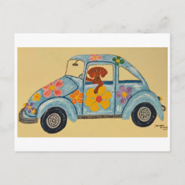 Dackel in Hippie-Auto Postkarte