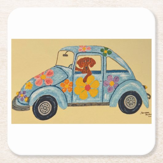 Dackel in Hippie-Auto Rechteckiger Pappuntersetzer (Vorderseite)