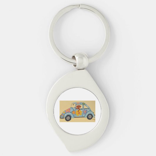 Dackel in Hippie-Auto Schlüsselanhänger (Vorderseite)