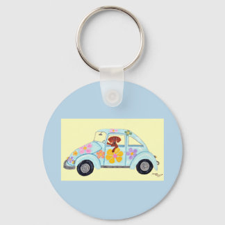 Dackel in Hippie-Auto Schlüsselanhänger