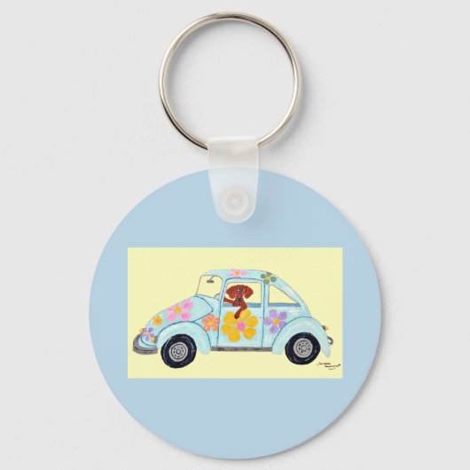 Dackel in Hippie-Auto Schlüsselanhänger (Vorderseite)