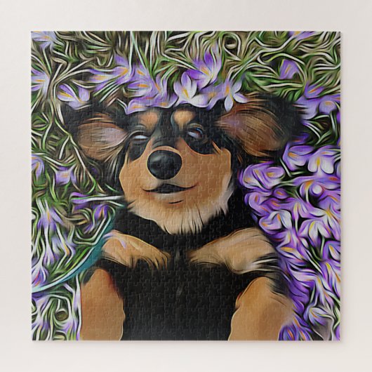 Dackel in violetten Blumen Puzzle (Vertikal)
