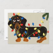 Dackel in Weihnachtsbeleuchtung blau/tan Feiertagspostkarte (Vorne/Hinten)