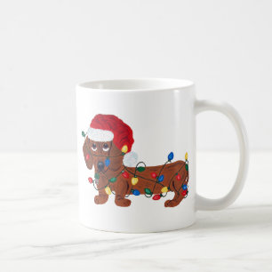 Dackel in Weihnachtslichtern verheddert (Rot) Kaffeetasse