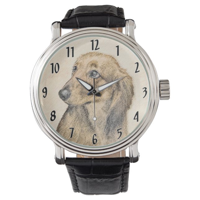 Dackel (langhaarig) Gemälde Originalkunst Armbanduhr (Vorderseite)