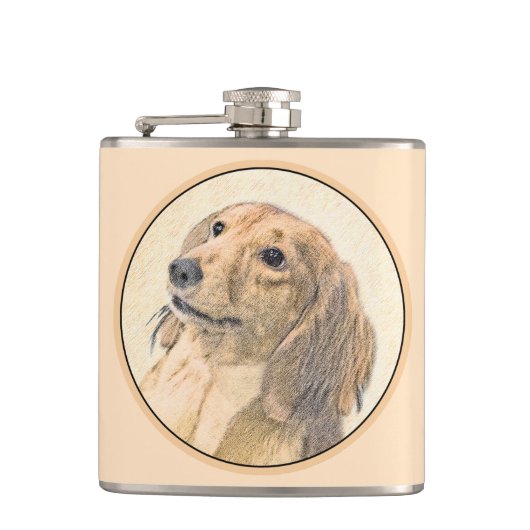 Dackel (langhaarige Malerei) - Originale Hundekuns Flachmann (Vorderseite)