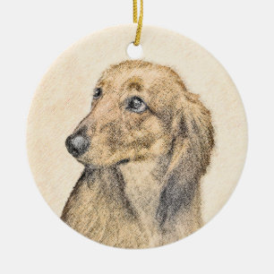 Dackel (langhaarige Malerei) - Originale Hundekuns Keramik Ornament