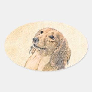 Dackel (langhaarige Malerei) - Originale Hundekuns Ovaler Aufkleber