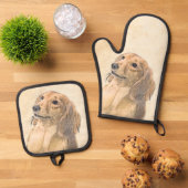 Dackel Langhaariges Rotes Gemälde Original Hundkun Ofenhandschuh & Topflappen-Set (Oben Unten)