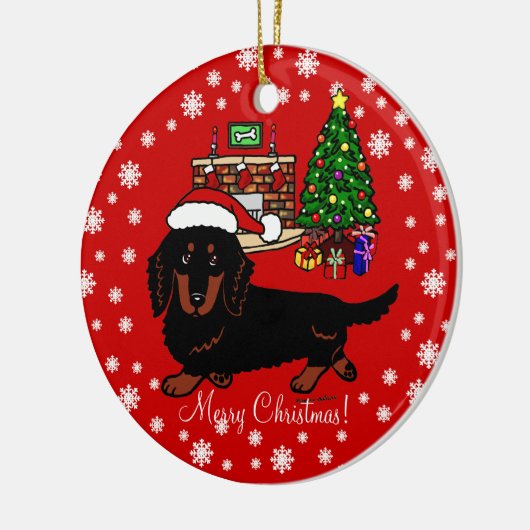 Dackel-langhaariges Schwarzes und TAN Keramik Ornament (Links)