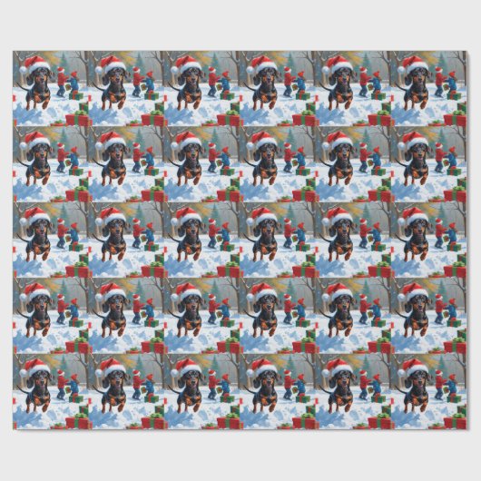 Dackel läuft im Schnee mit Weihnachtshut Geschenkpapier (Flach)