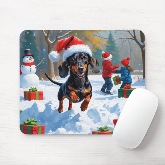 Dackel läuft im Schnee mit Weihnachtshut Mousepad (Mit Mouse)
