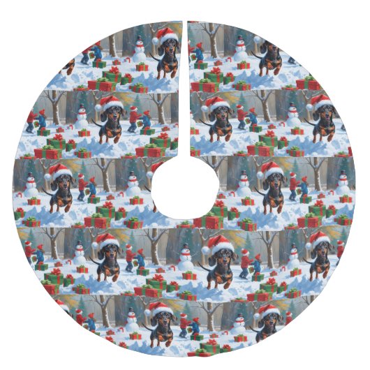 Dackel läuft im Schnee mit Weihnachtshut Polyester Weihnachtsbaumdecke (Vorderseite)