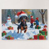 Dackel läuft im Schnee mit Weihnachtshut Puzzle (Horizontal)