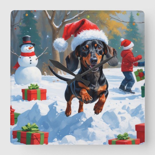 Dackel läuft im Schnee mit Weihnachtshut Quadratische Wanduhr (Vorderseite)