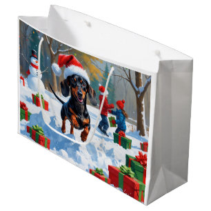Dackel läuft im Schnee mit Weihnachtsmütze Große Geschenktüte
