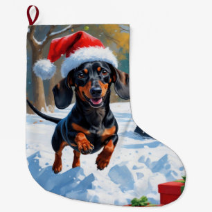 Dackel läuft im Schnee mit Weihnachtsmütze Großer Weihnachtsstrumpf