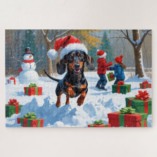 Dackel läuft im Schnee mit Weihnachtsmütze Puzzle